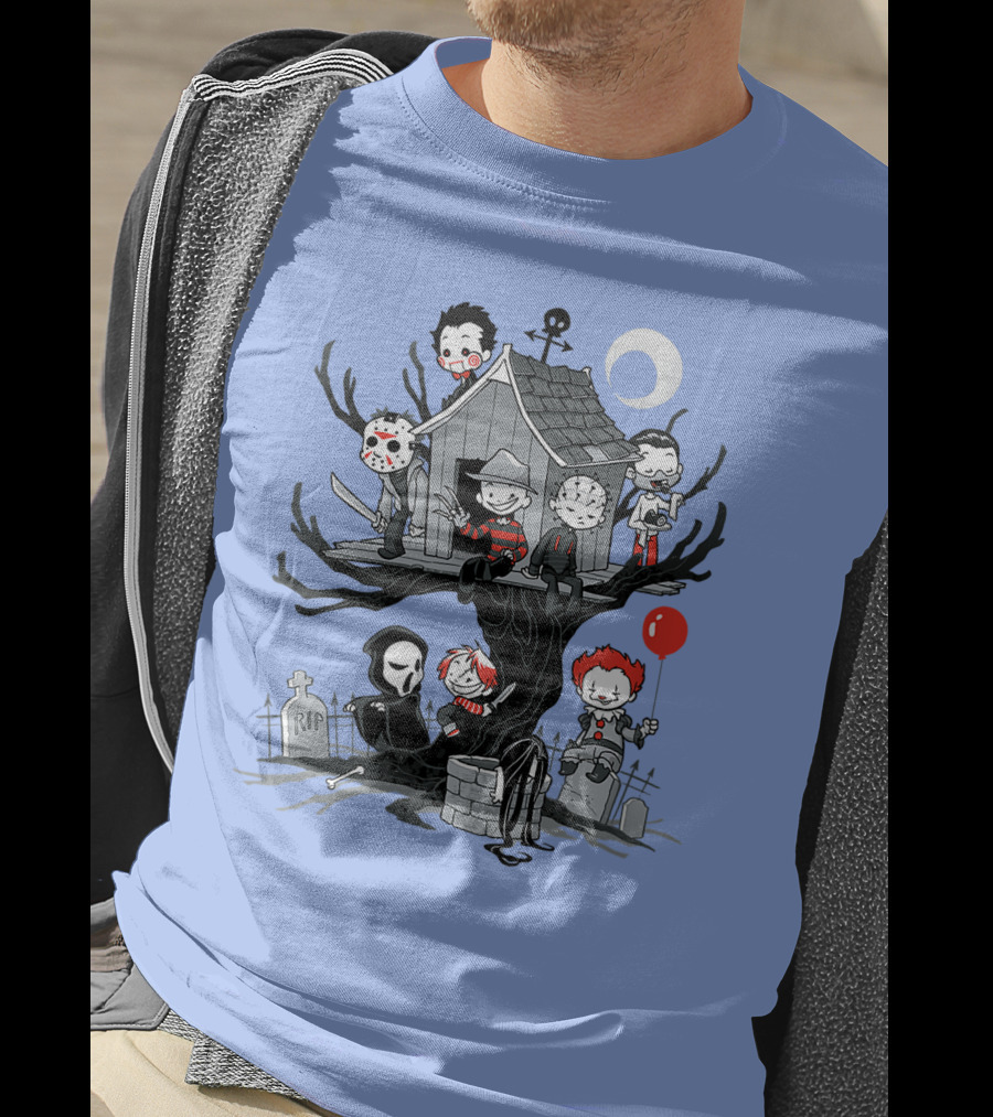 Horror Icons Treehouse Adventure With Scream Mask T-Shirt