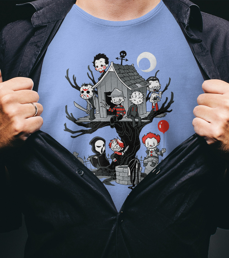 Horror Icons Treehouse Adventure With Scream Mask T-Shirt