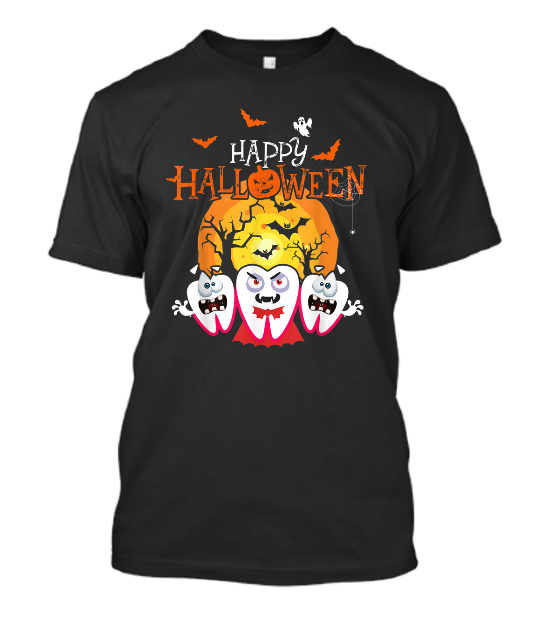 Happy Halloween Scary Dental Teeth With Cracked Moon And Bats T-Shirt
