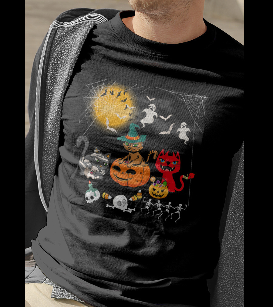Halloween Funny Cat Lover With Witch Cat And Devil Cat T-Shirt