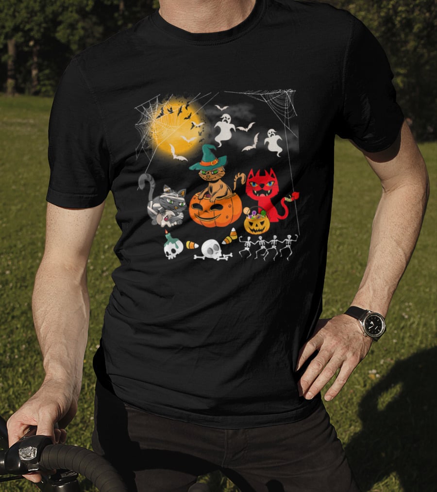 Halloween Funny Cat Lover With Witch Cat And Devil Cat T-Shirt