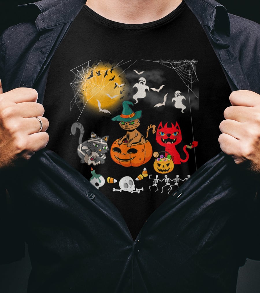 Halloween Funny Cat Lover With Witch Cat And Devil Cat T-Shirt