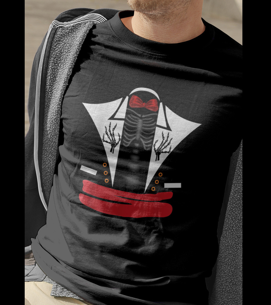 Dia De Los Muertos Skeleton Tuxedo Costume With Red Bow Tie And Sash T-Shirt