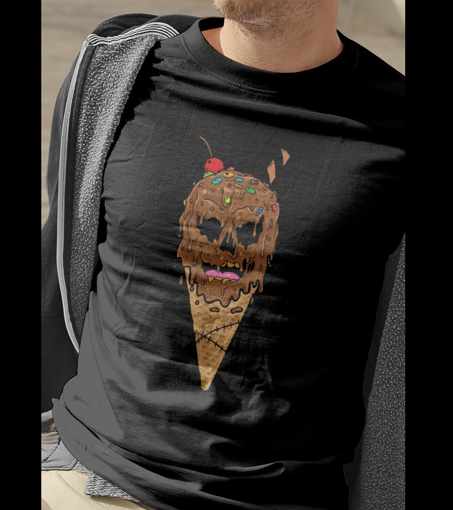 Melting Skeleton Ice Cream Skull With Cherry And Sprinkles Cone T-Shirt