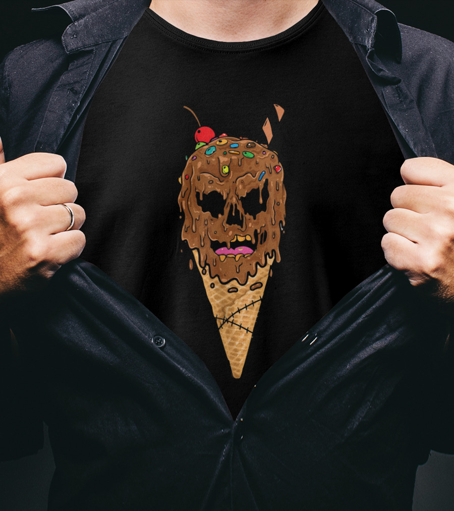 Melting Skeleton Ice Cream Skull With Cherry And Sprinkles Cone T-Shirt