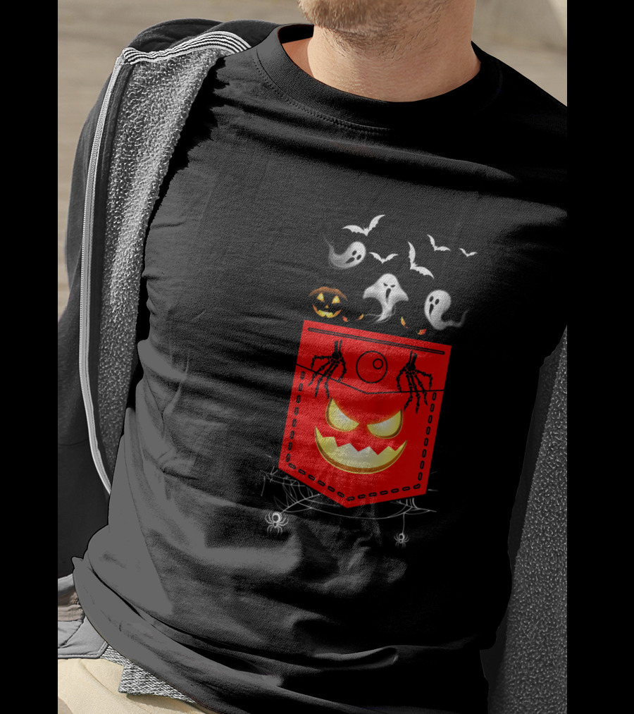 Halloween Costume Ghosts Peeking Pocket Pumpkin Bats Skeleton Spiders T-Shirt