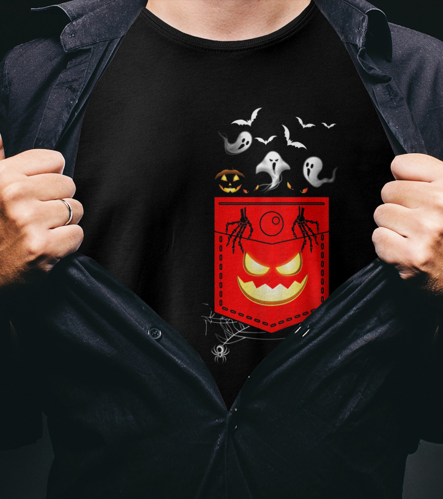 Halloween Costume Ghosts Peeking Pocket Pumpkin Bats Skeleton Spiders T-Shirt