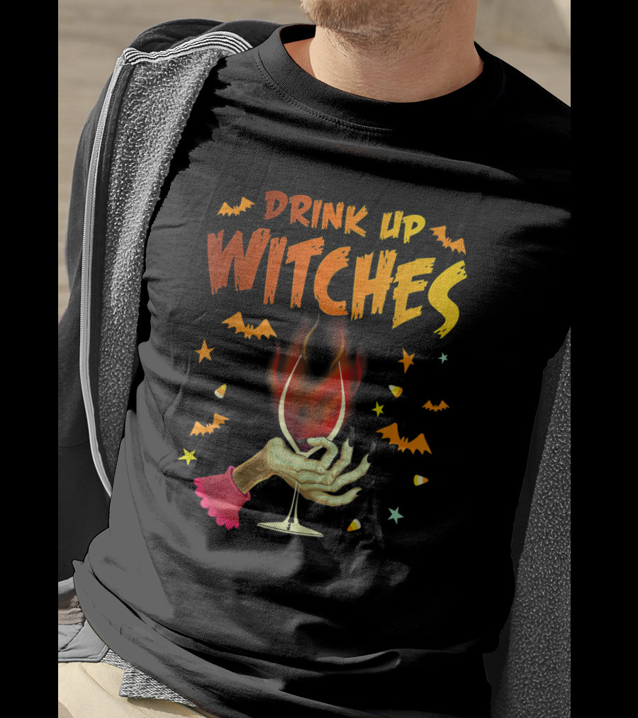 Drink Up Witches Halloween Witch Hand Wine Glass Bat Candy Corn T-Shirt