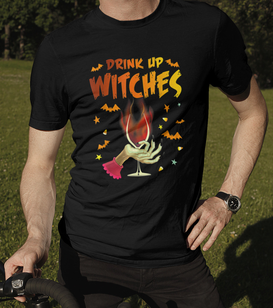 Drink Up Witches Halloween Witch Hand Wine Glass Bat Candy Corn T-Shirt