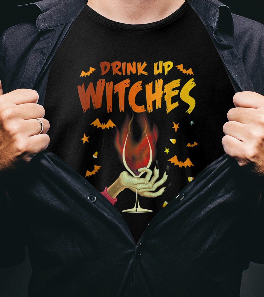 Drink Up Witches Halloween Witch Hand Wine Glass Bat Candy Corn T-Shirt