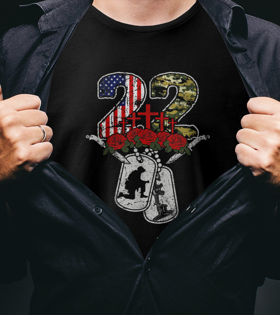 22 Each Day Soldier Veteran PTSD Awareness Dog Tags Roses Crosses American Flag Camo T-Shirt