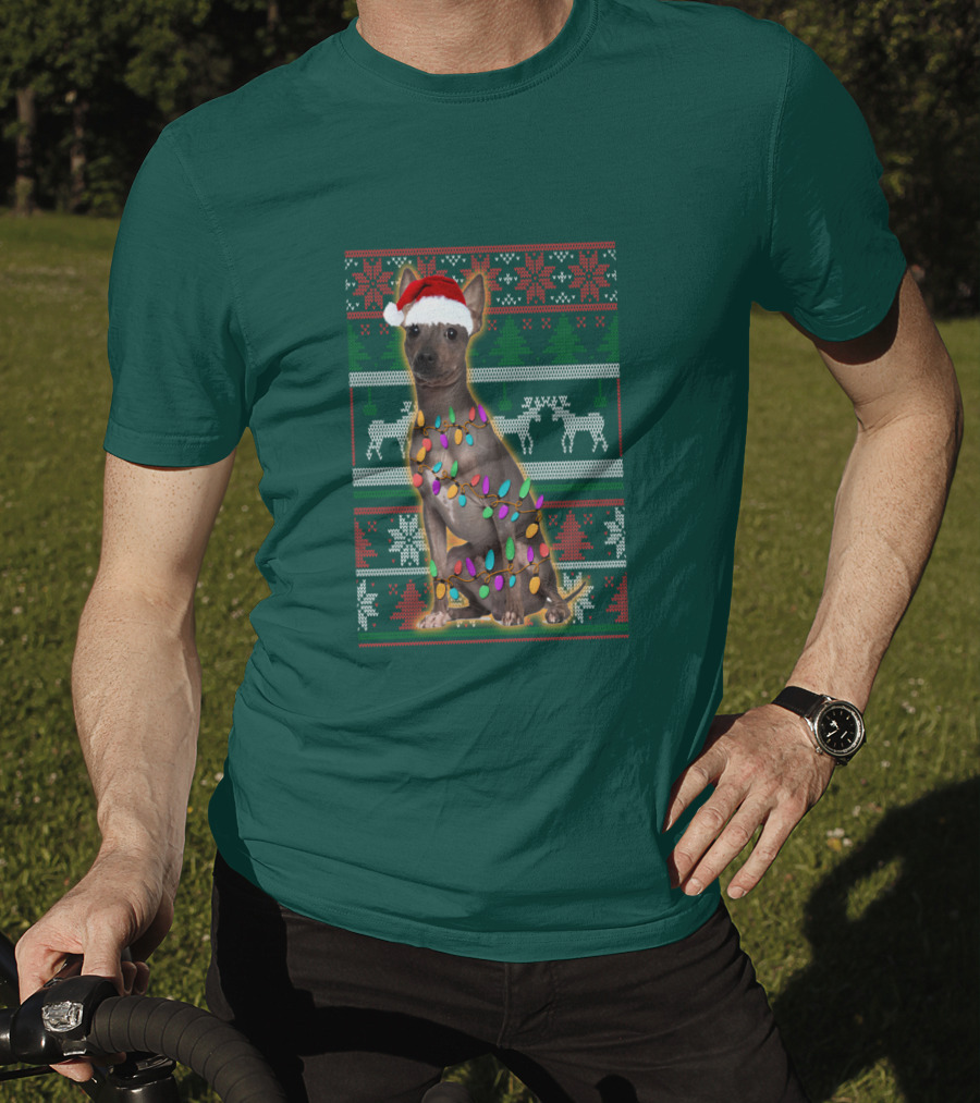 American Hairless Terrier Christmas Lights Santa Hat T-Shirt
