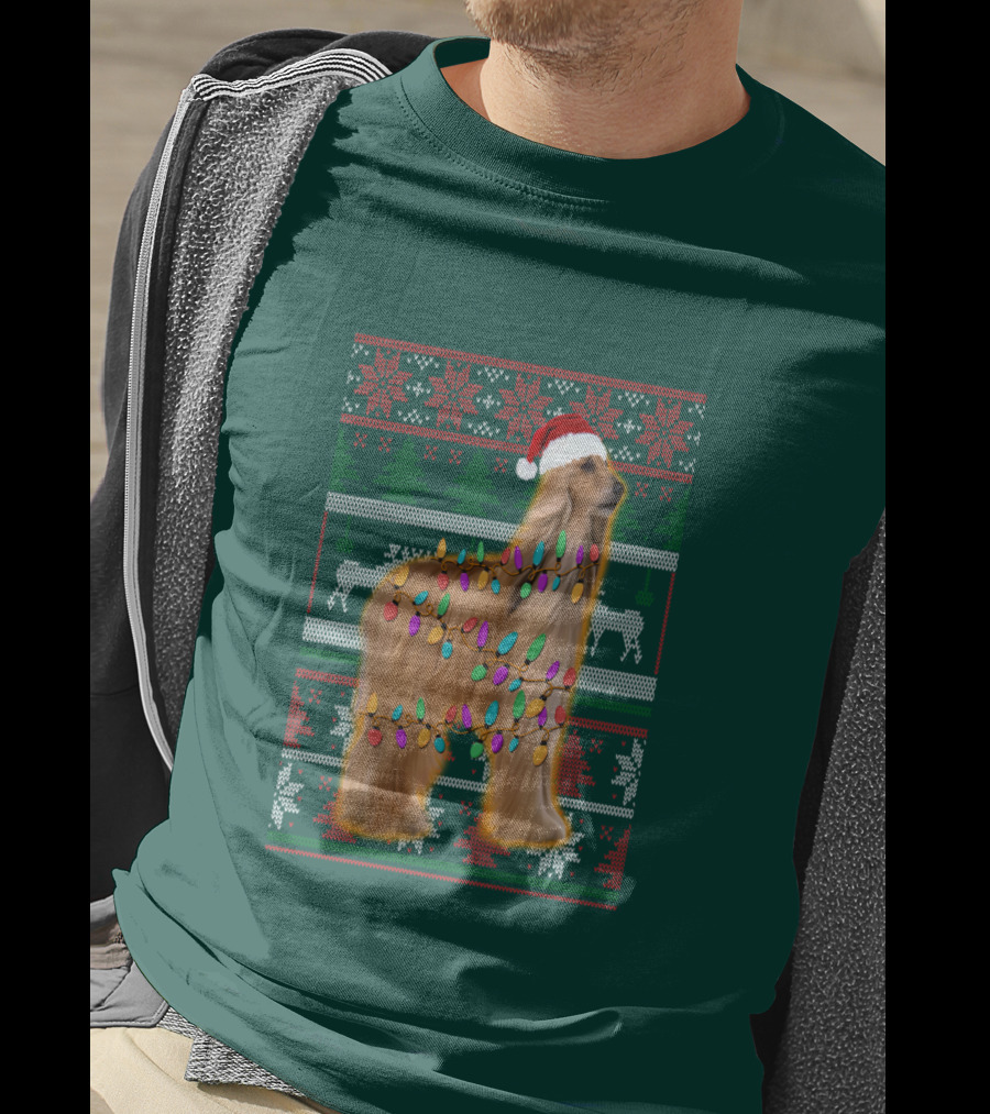 Afghan Hound Christmas Lights Santa Hat Ugly T-Shirt