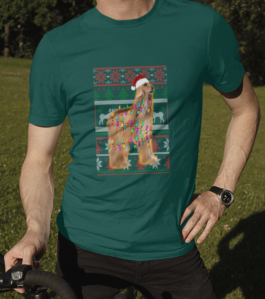 Afghan Hound Christmas Lights Santa Hat Ugly T-Shirt