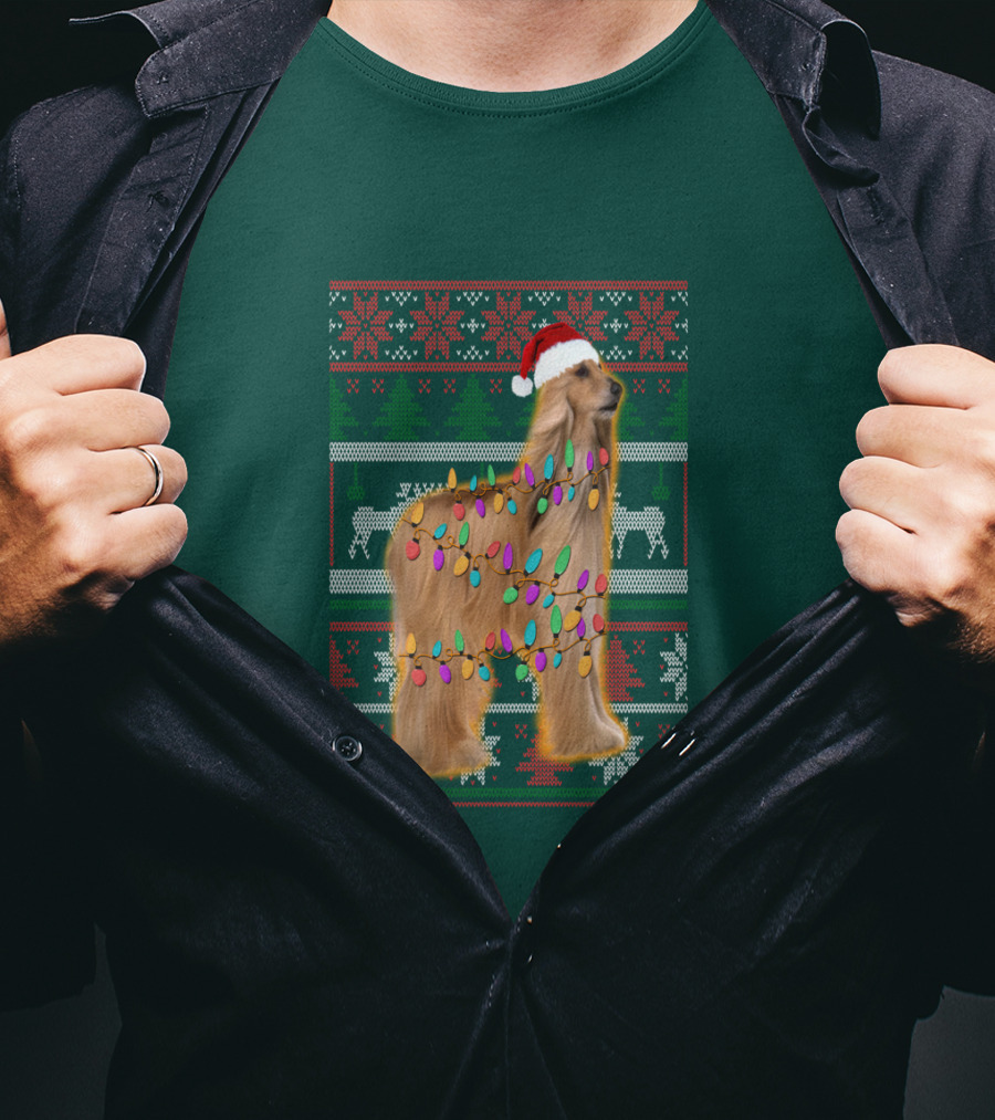 Afghan Hound Christmas Lights Santa Hat Ugly T-Shirt