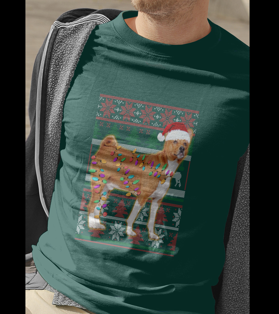 Basenji Christmas Lights Holiday Sweater Dog With Santa Hat T-Shirt