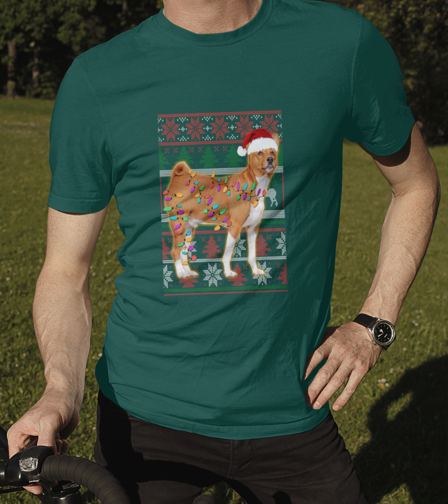 Basenji Christmas Lights Holiday Sweater Dog With Santa Hat T-Shirt