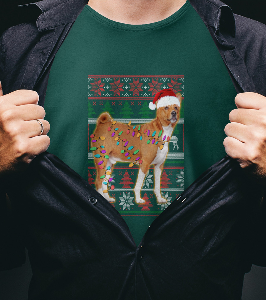 Basenji Christmas Lights Holiday Sweater Dog With Santa Hat T-Shirt