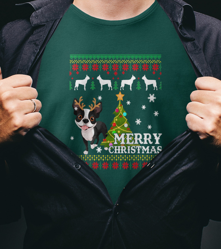 Merry Christmas Boston Terrier Holiday T-Shirt