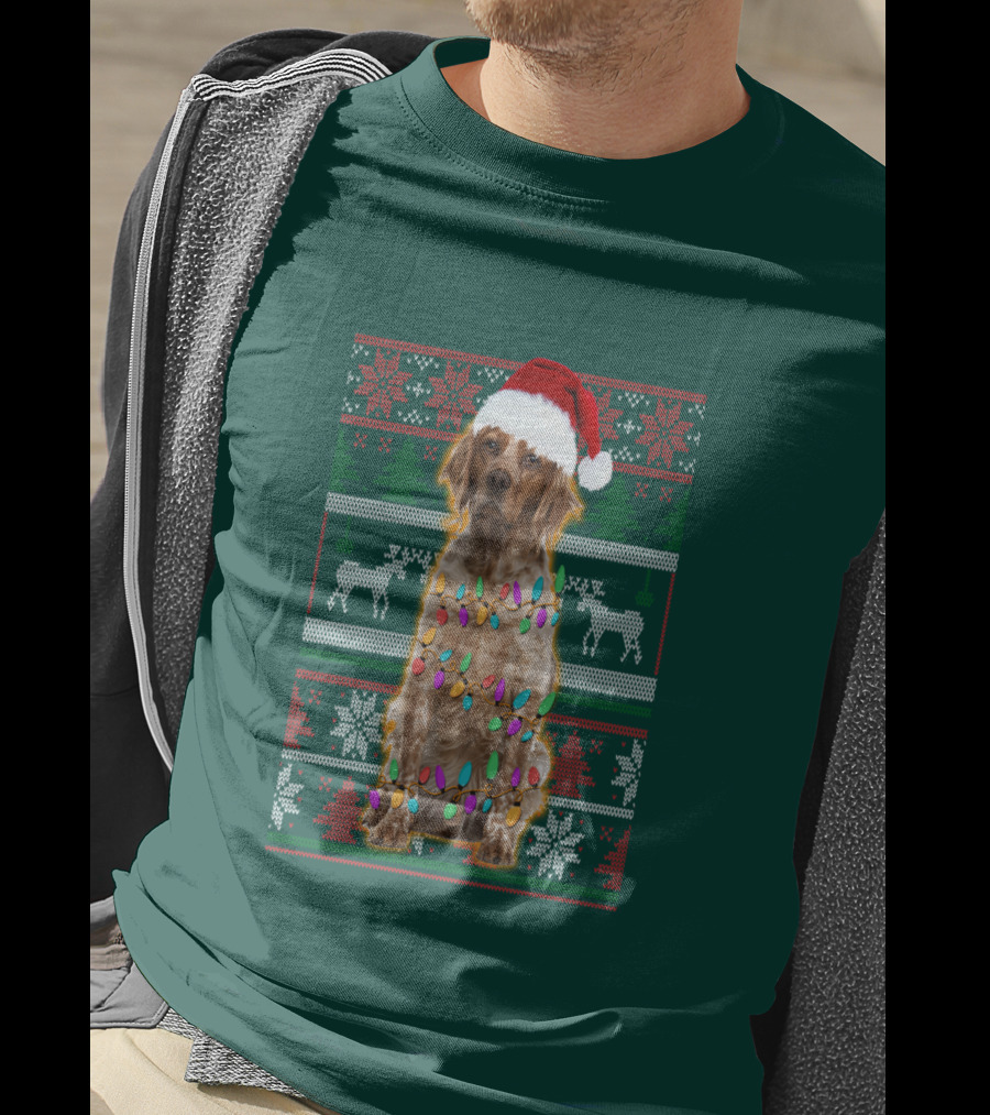 Brittany Dog Santa Hat Christmas Lights And Reindeer Snowflakes T-Shirt