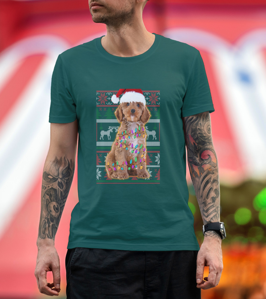 Cockapoo Santa Hat Christmas Lights Reindeer Ugly T-Shirt