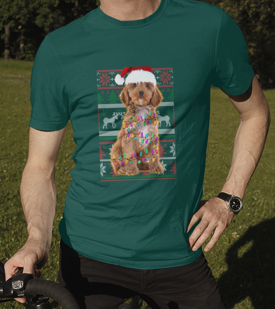 Cockapoo Santa Hat Christmas Lights Reindeer Ugly T-Shirt