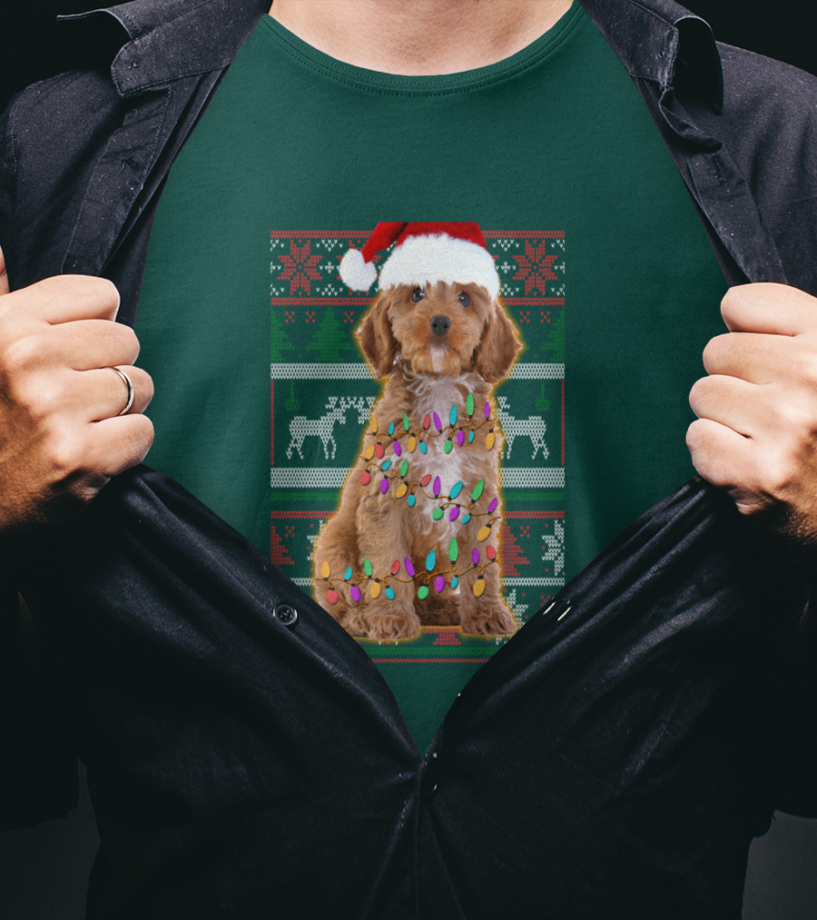 Cockapoo Santa Hat Christmas Lights Reindeer Ugly T-Shirt