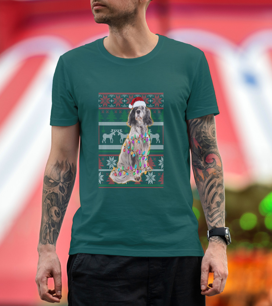 English Setter Christmas Lights Ugly Sweater Santa Hat T-Shirt