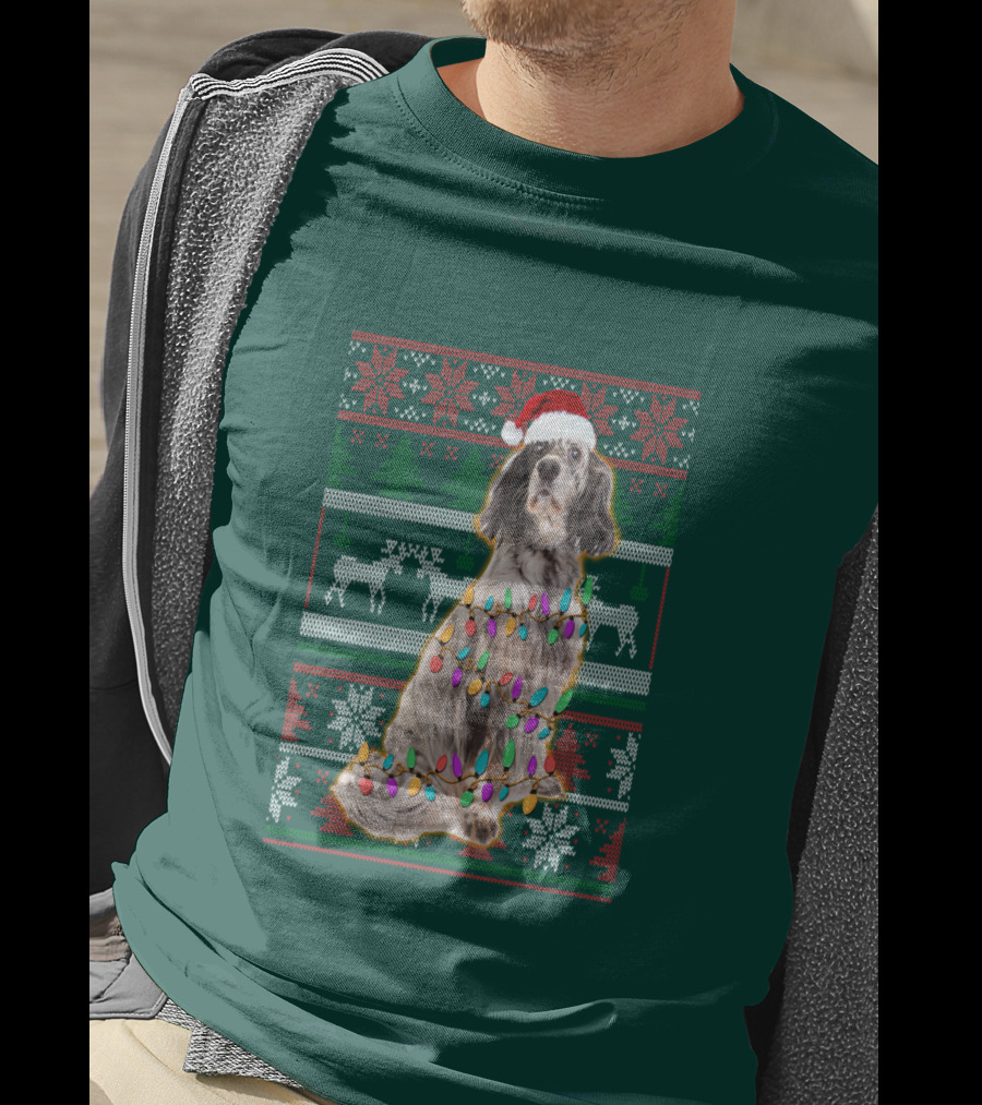 English Setter Christmas Lights Ugly Sweater Santa Hat T-Shirt