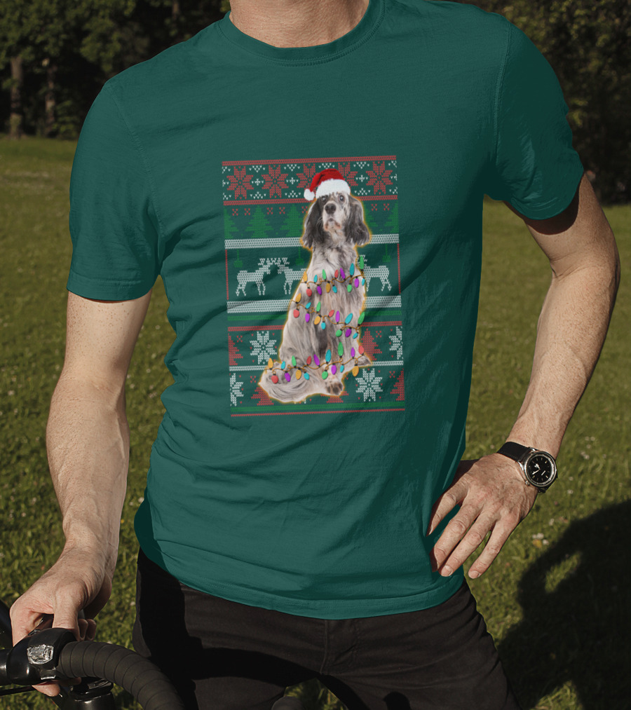 English Setter Christmas Lights Ugly Sweater Santa Hat T-Shirt