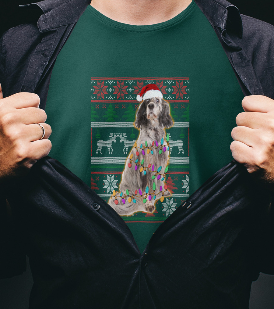 English Setter Christmas Lights Ugly Sweater Santa Hat T-Shirt