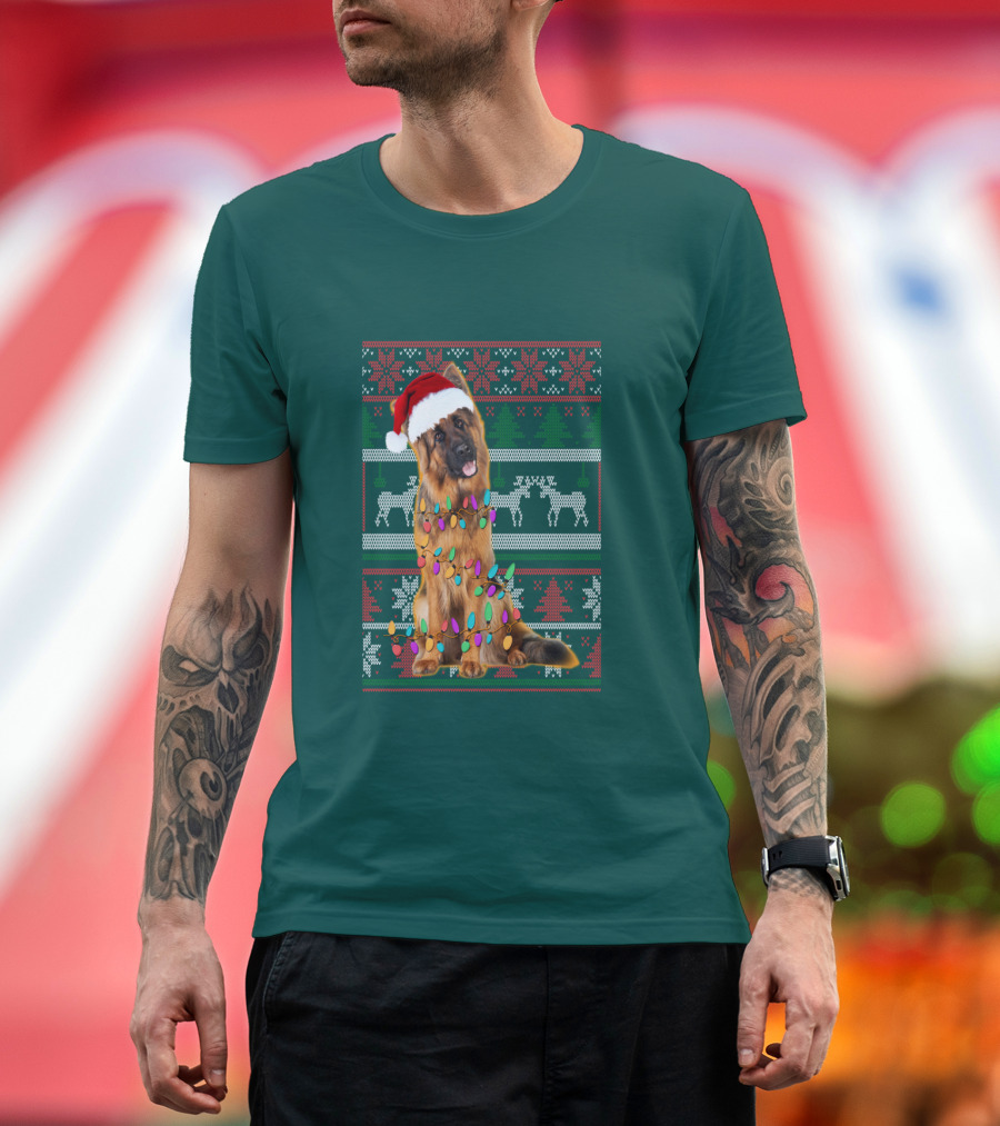 German Shepherd Santa Hat Christmas Lights Ugly Sweater Reindeer T-Shirt