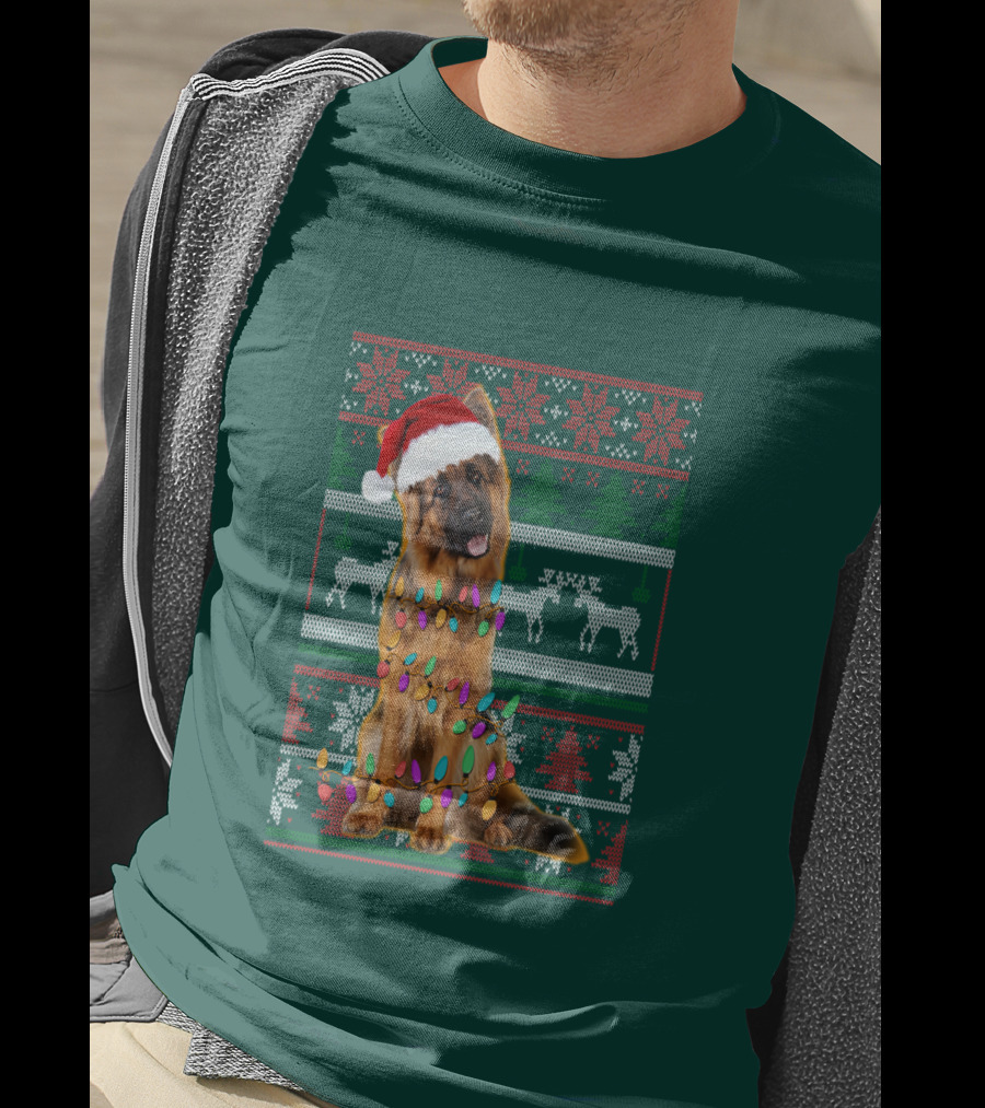 German Shepherd Santa Hat Christmas Lights Ugly Sweater Reindeer T-Shirt