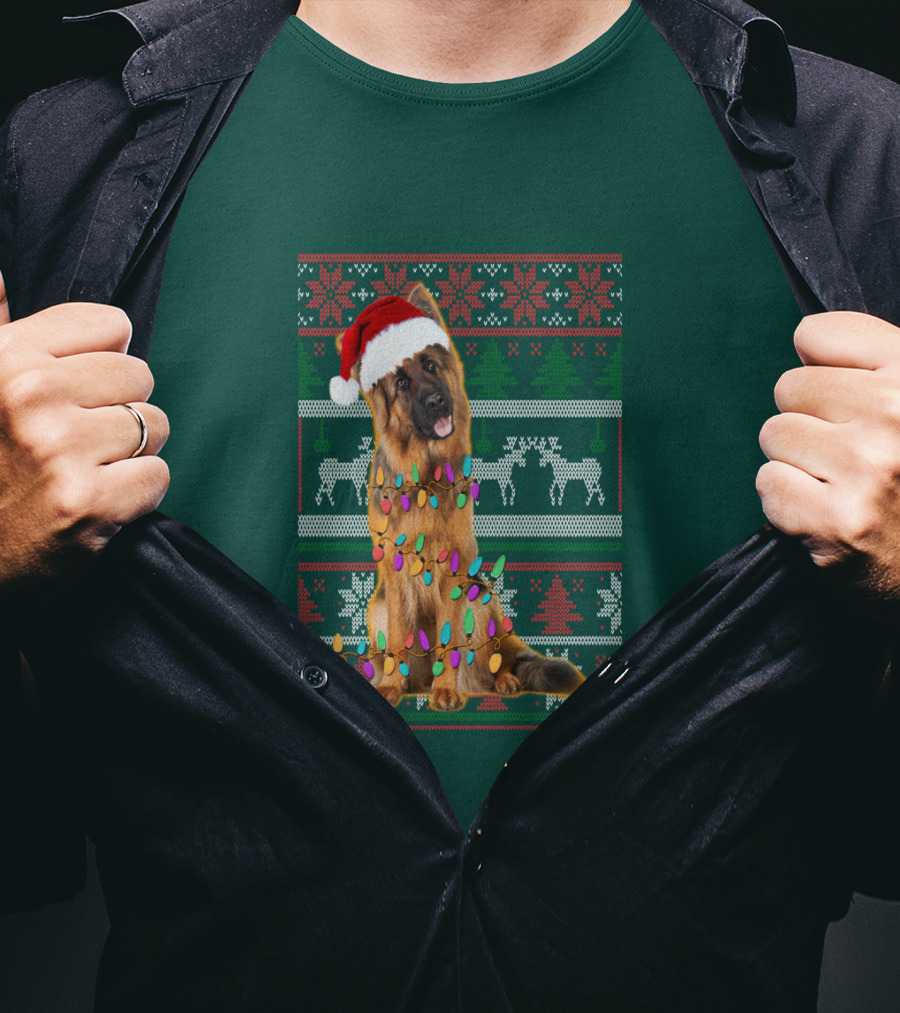 German Shepherd Santa Hat Christmas Lights Ugly Sweater Reindeer T-Shirt