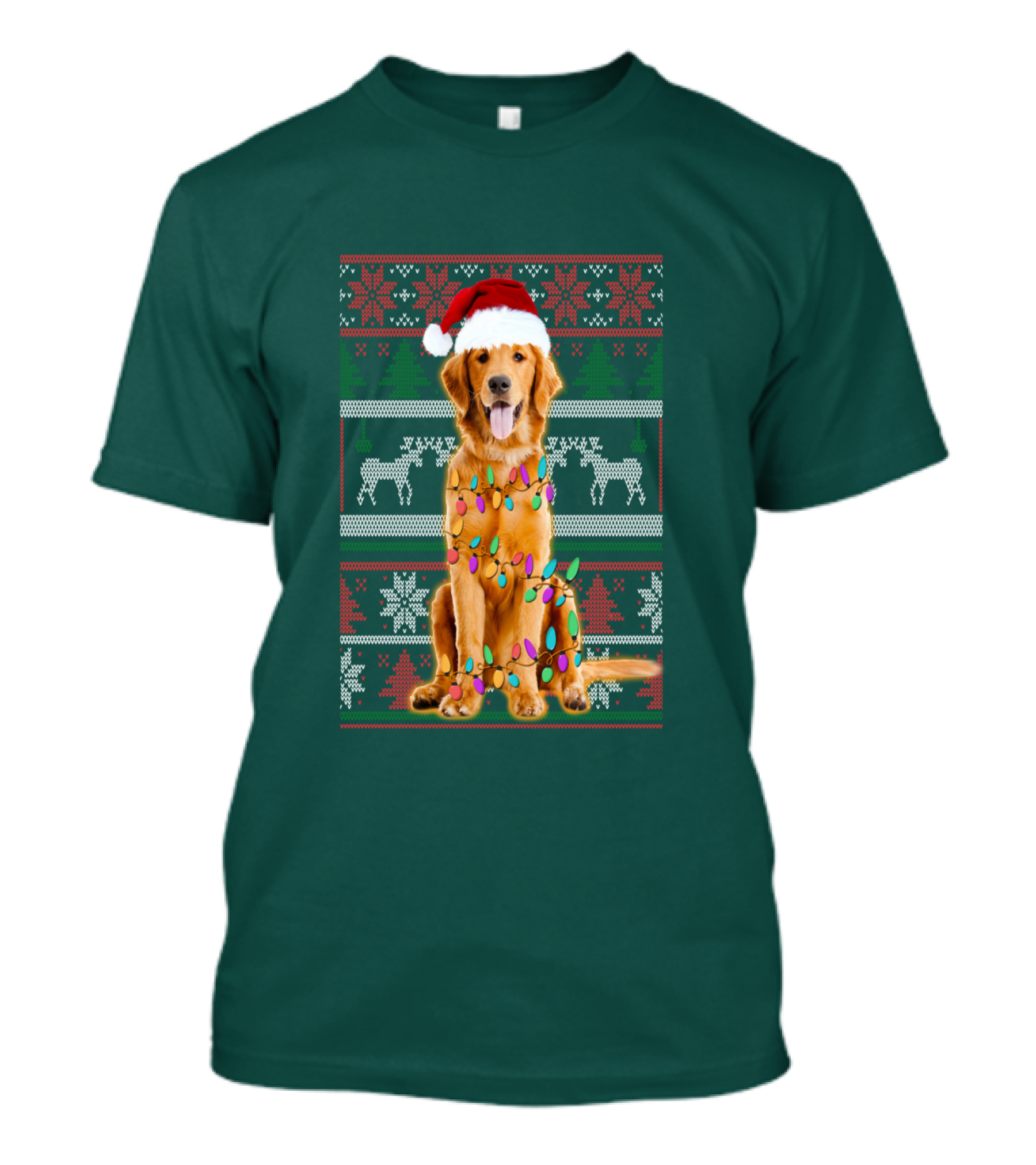 Golden Retriever Christmas Santa Hat Lights Holiday T-Shirt