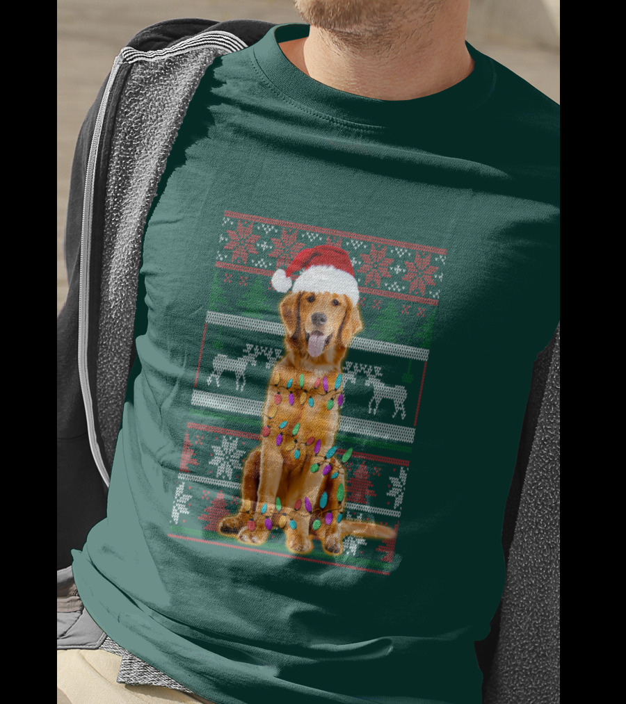 Golden Retriever Christmas Santa Hat Lights Holiday T-Shirt