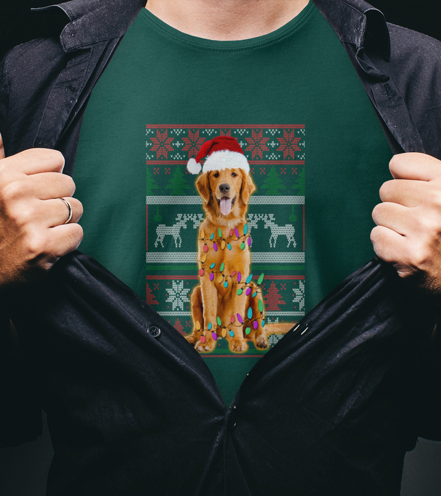 Golden Retriever Christmas Santa Hat Lights Holiday T-Shirt