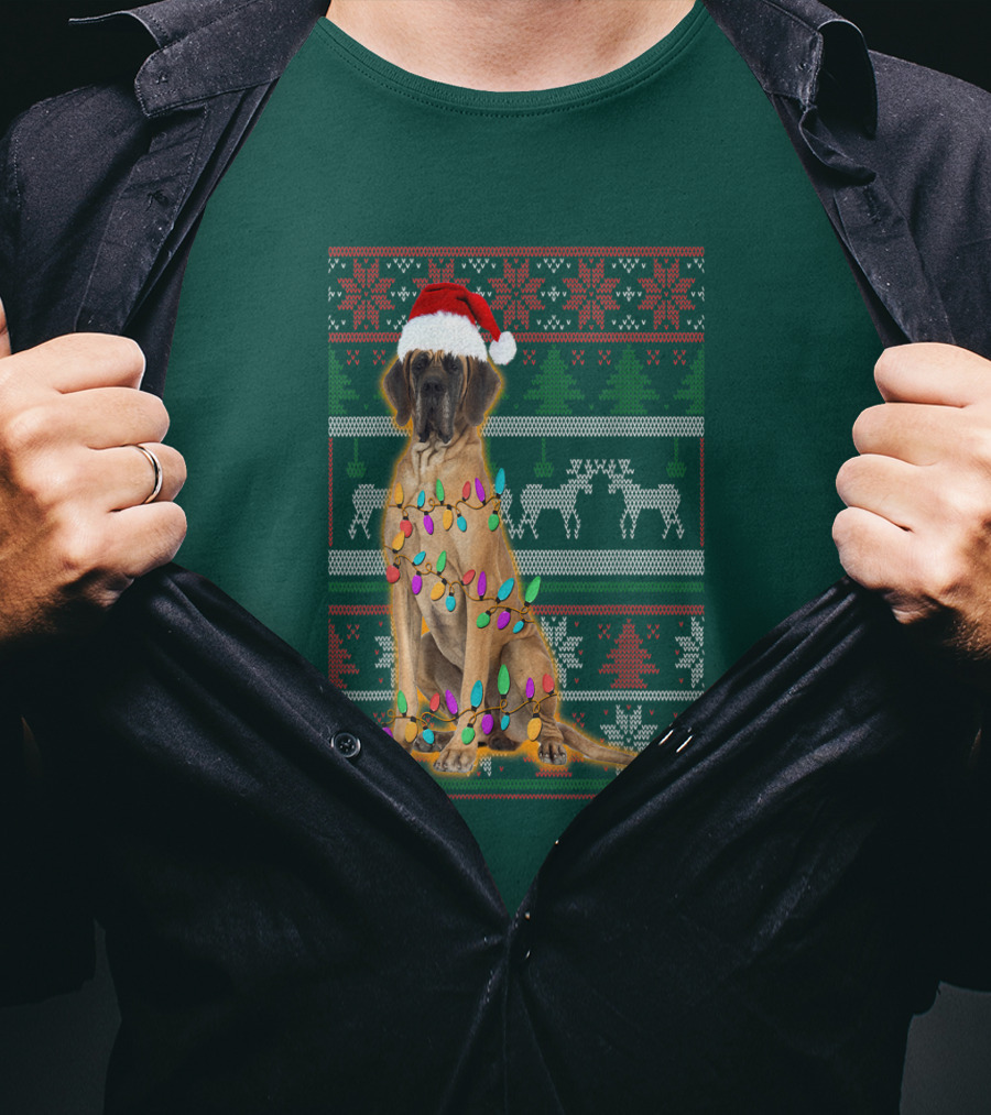 Great Dane Christmas Santa Hat Lights Reindeer Holiday T-Shirt