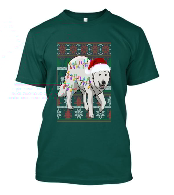 Great Pyrenees Christmas Lights And Santa Hat Holiday T-Shirt