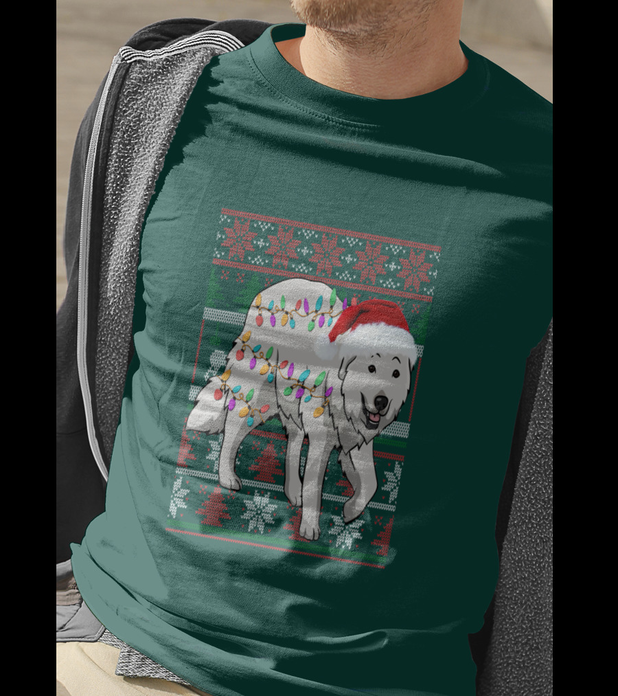 Great Pyrenees Christmas Lights And Santa Hat Holiday T-Shirt