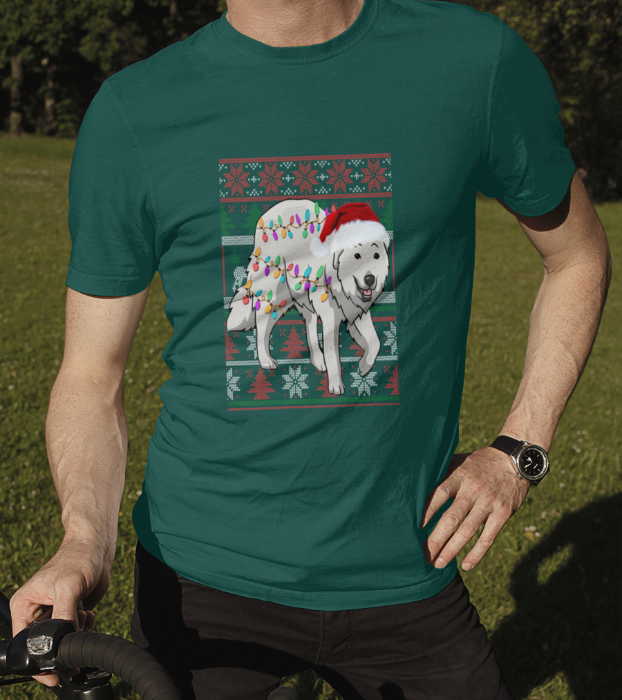 Great Pyrenees Christmas Lights And Santa Hat Holiday T-Shirt