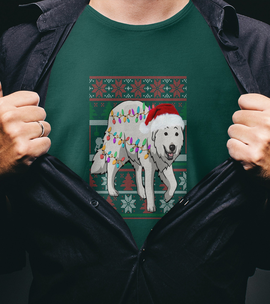 Great Pyrenees Christmas Lights And Santa Hat Holiday T-Shirt