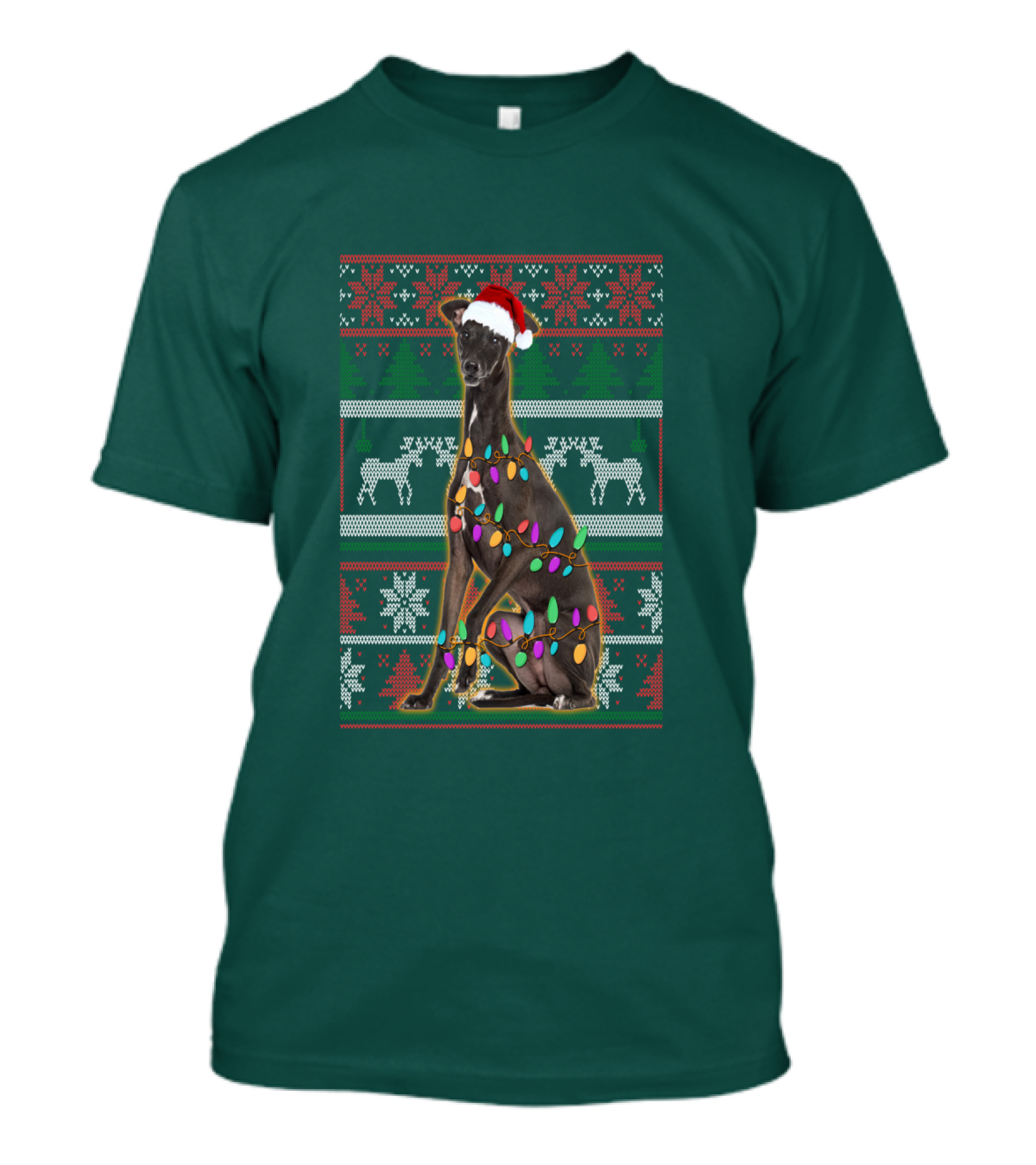 Greyhound Christmas Santa Hat And Lights Ugly T-Shirt