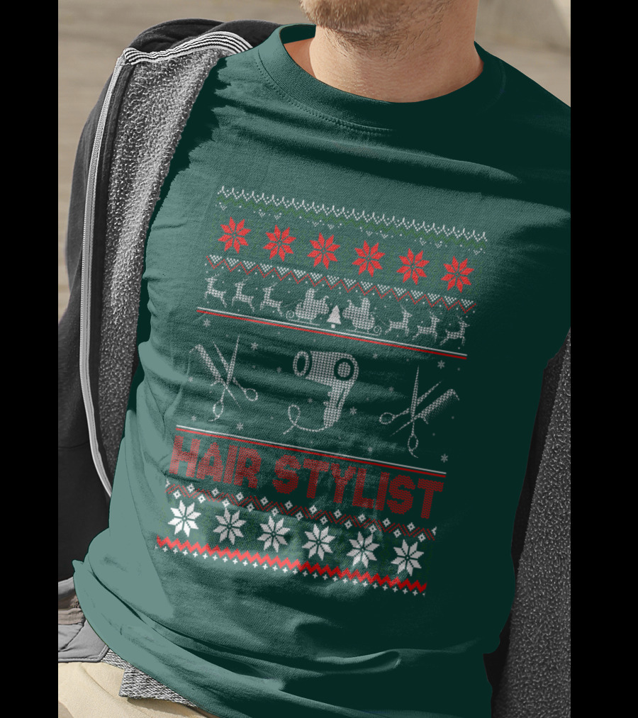 Hair Stylist Ugly Christmas Sweater Scissors And Hairdryer T-Shirt