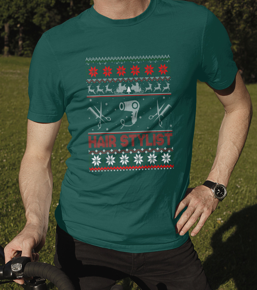 Hair Stylist Ugly Christmas Sweater Scissors And Hairdryer T-Shirt