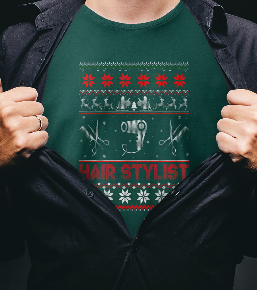 Hair Stylist Ugly Christmas Sweater Scissors And Hairdryer T-Shirt