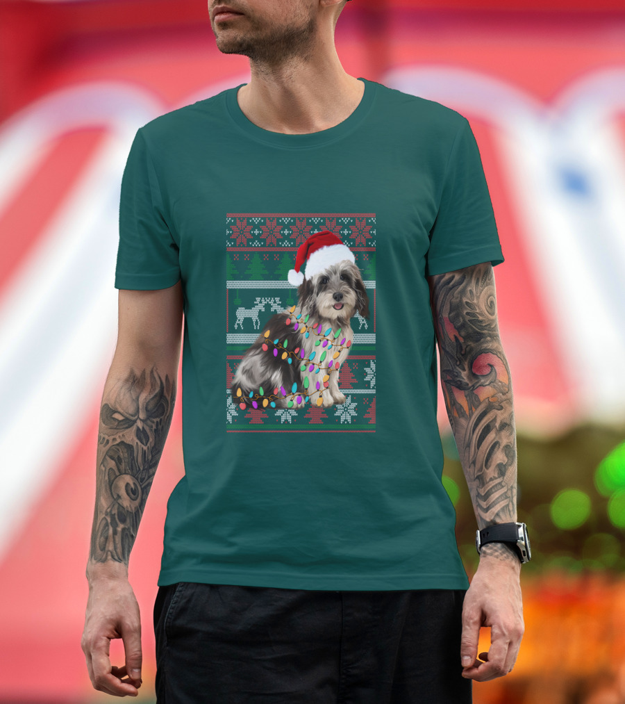Havanese Festive Christmas Lights Santa Hat Ugly T-Shirt