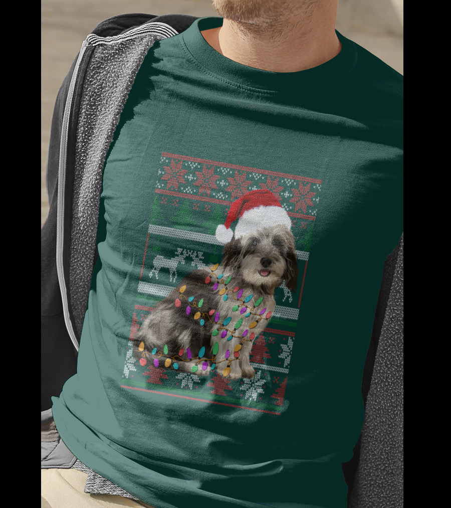 Havanese Festive Christmas Lights Santa Hat Ugly T-Shirt