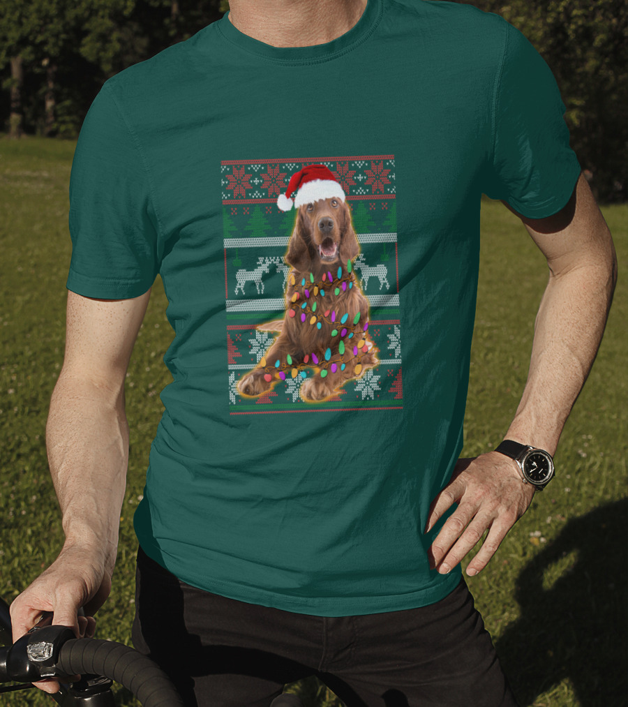 Christmas Irish Setter Reindeer Santa Hat Lights T-Shirt
