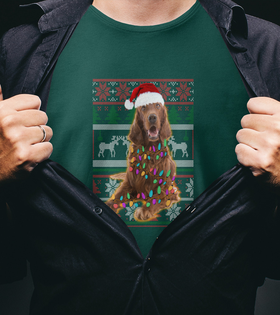 Christmas Irish Setter Reindeer Santa Hat Lights T-Shirt